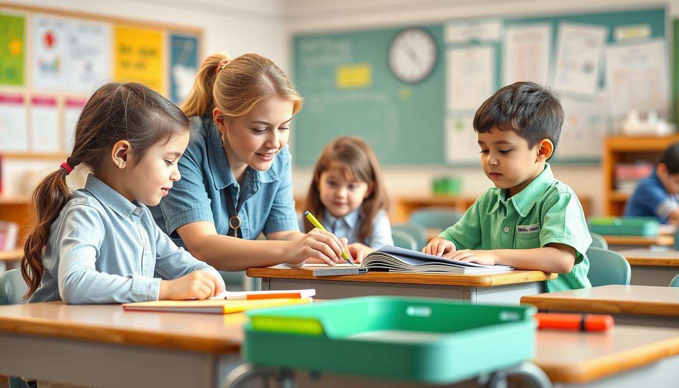 Students studying together in modern classroom